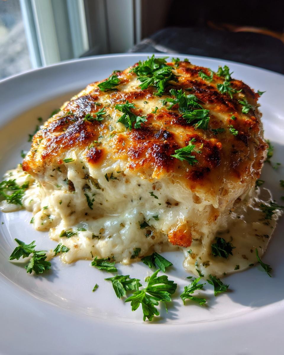 A close-up of baked caesar chicken smothered in melted, browned cheese and fresh parsley.