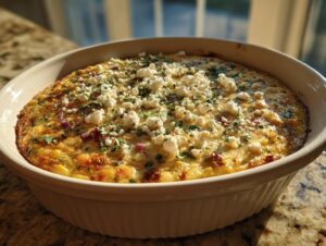 Close-up of hot, baked mexican street corn dip topped with crumbled white cheese and cilantro in a round white baking dish.