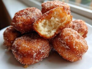 A pile of golden brown, sugar-coated baked mini donuts, one broken open to show the fluffy interior.
