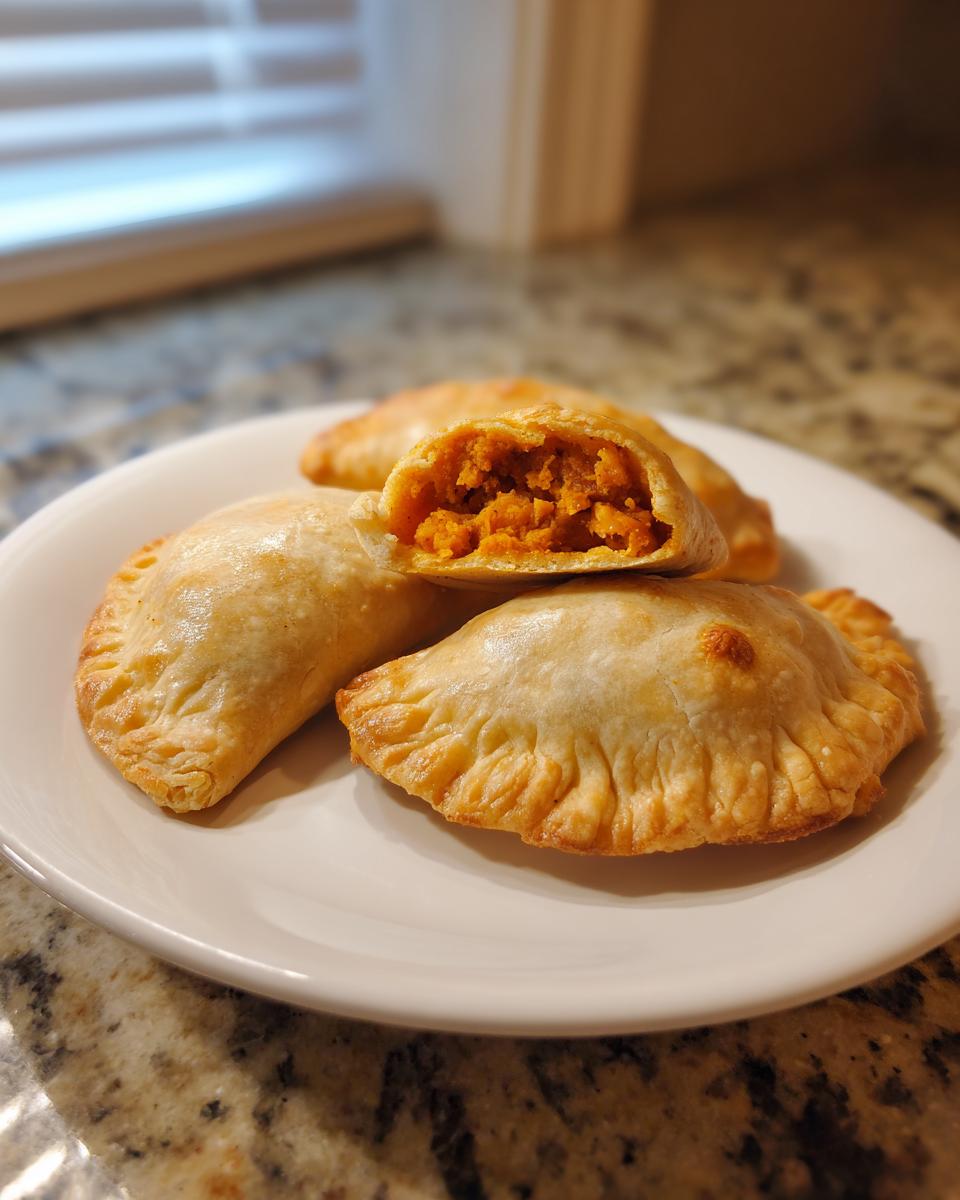 Close-up of baked pumpkin empanadas on a white plate, one is cut open revealing the orange pumpkin filling.