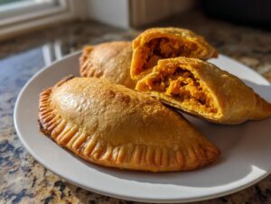 Three golden baked pumpkin empanadas served on a white plate, one cut open to show the bright orange pumpkin filling.
