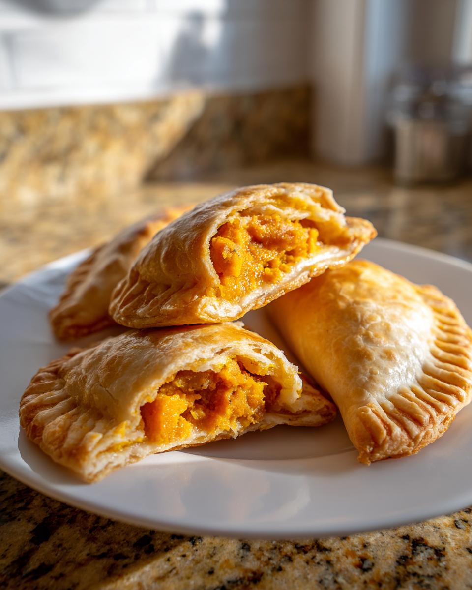 Close-up of baked pumpkin empanadas on a white plate, one cut open showing the bright orange pumpkin filling.
