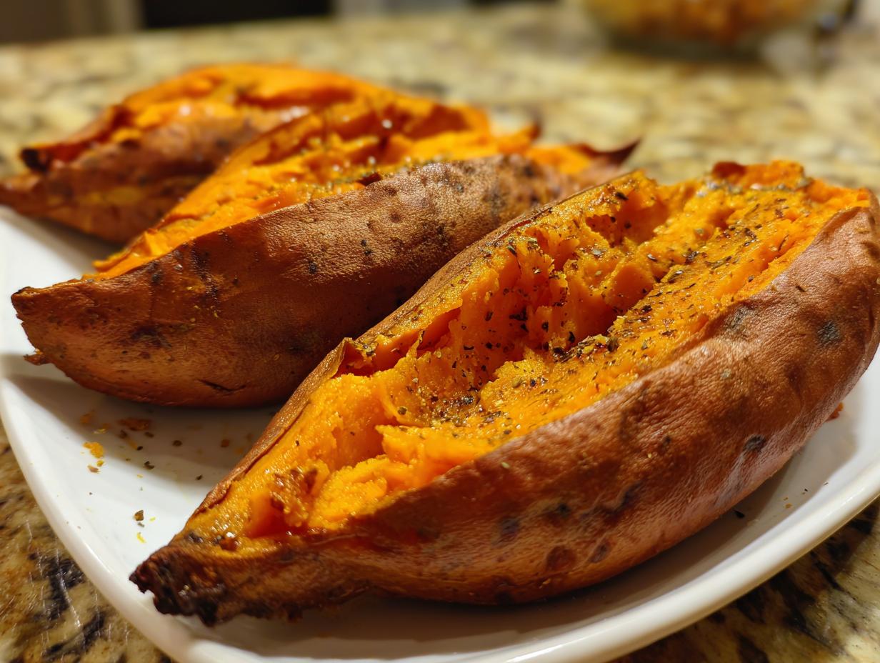 Close-up of three perfectly baked sweet potato halves, split open and seasoned with herbs.
