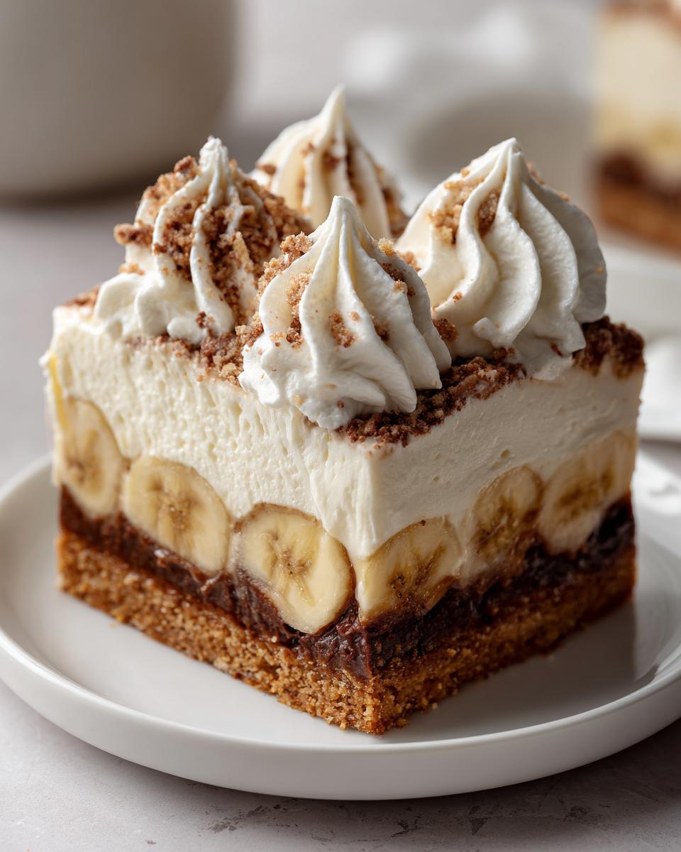 A square slice of amazing banana cream cheesecake featuring a graham cracker crust, banana slices, cream filling, and whipped topping.