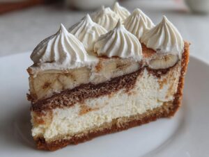 A close-up slice of banana cream cheesecake showing layers of crust, cream cheese filling, chocolate, bananas, and whipped cream dollops.