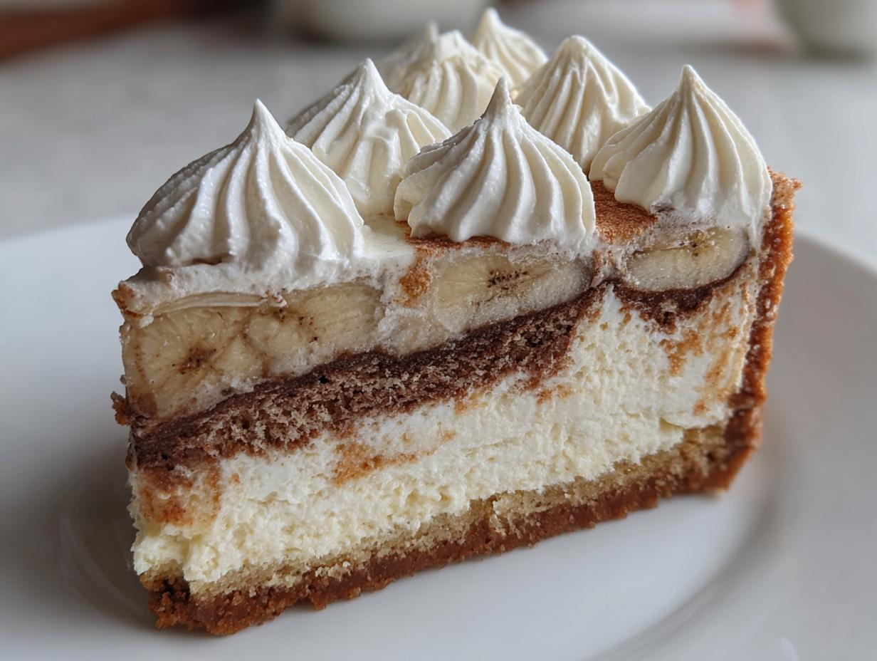 A close-up slice of banana cream cheesecake showing layers of crust, cream cheese filling, chocolate, bananas, and whipped cream dollops.