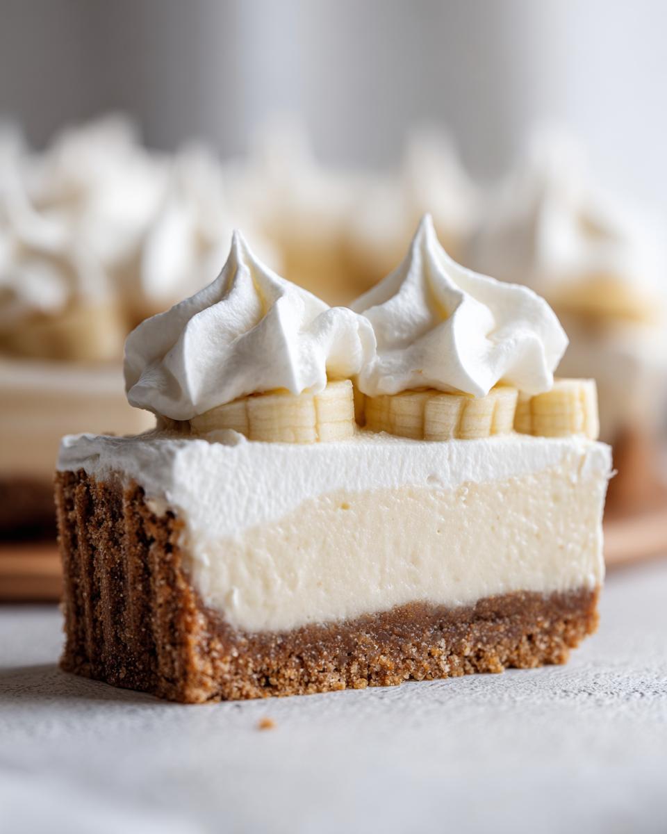 A perfect slice of banana cream cheesecake showing a graham cracker crust, creamy filling, and whipped topping with banana slices.