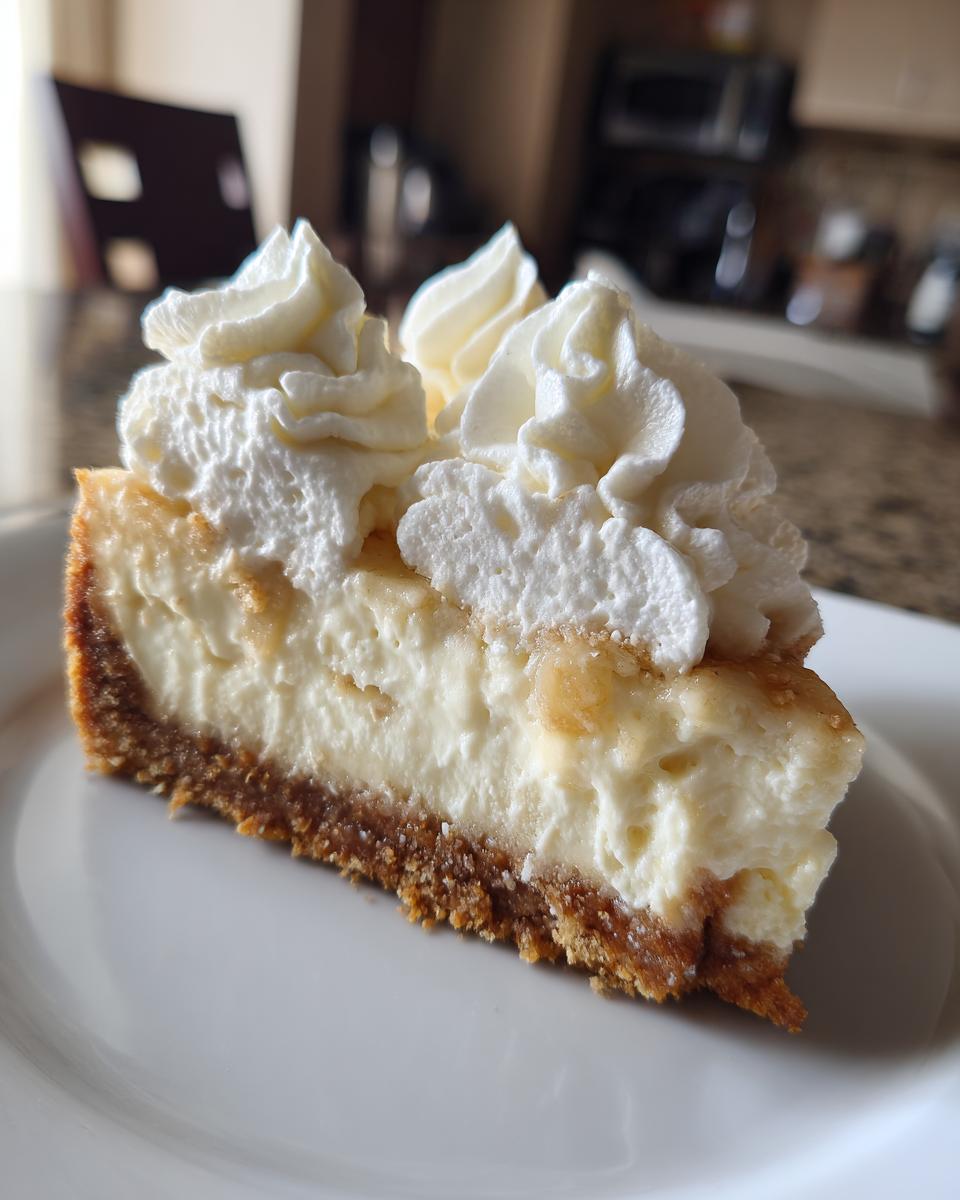 A close-up slice of creamy banana cream cheesecake topped with swirls of fresh whipped cream on a white plate.