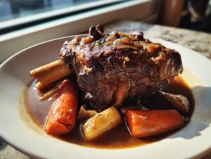 A single serving of rich, dark braised chicken thighs served in savory sauce with carrots and leeks.
