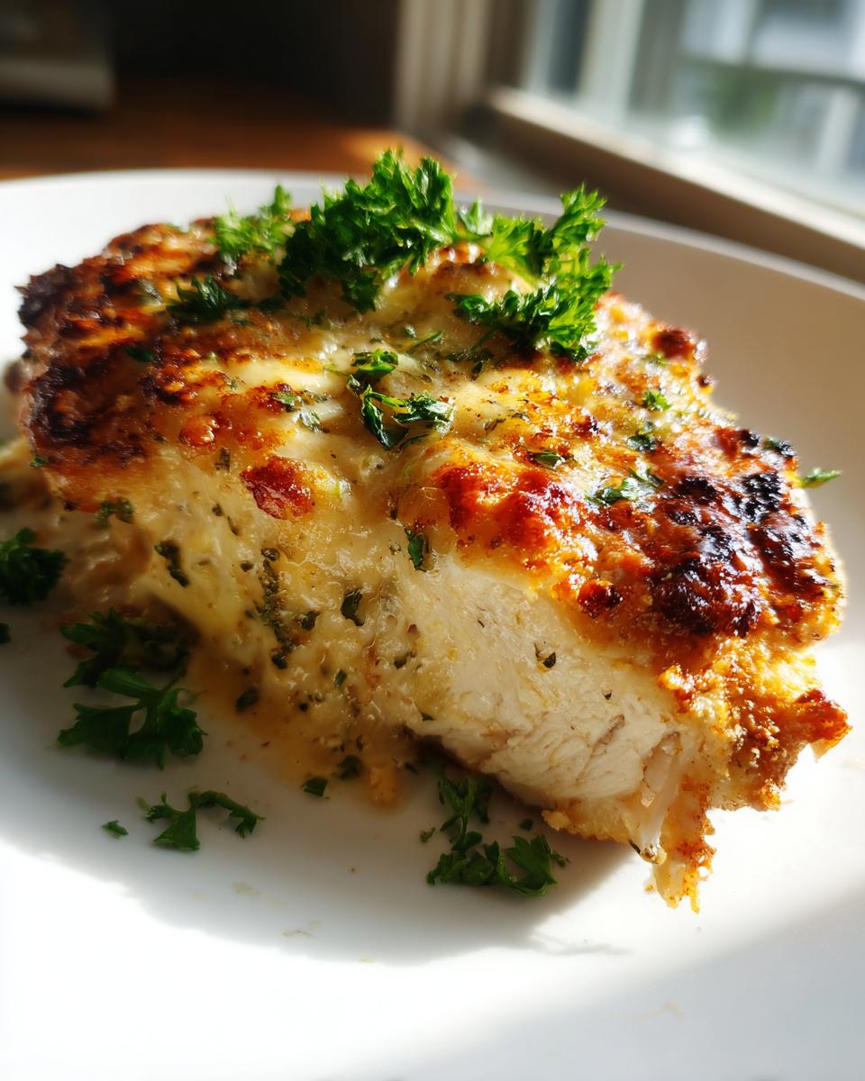 A close-up of a juicy piece of baked caesar chicken topped with melted, browned cheese and fresh parsley.