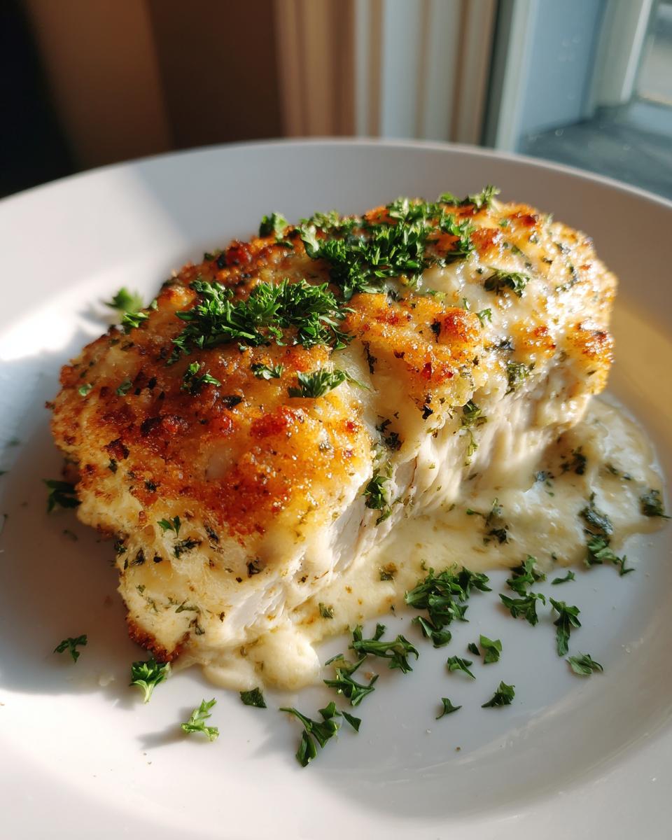 A close-up of a baked caesar chicken breast with a golden, herbed crust and creamy sauce pooling on a white plate.