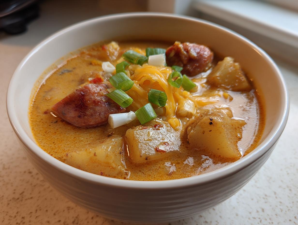 A close-up of a creamy bowl of Cajun potato soup featuring chunks of potato, sausage, melted cheese, and green onions.