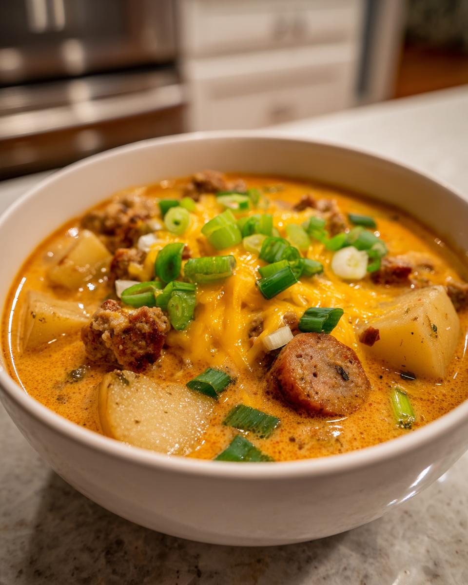 Close-up of a creamy bowl of Cajun potato soup topped with melted cheddar, sausage slices, and green onions.