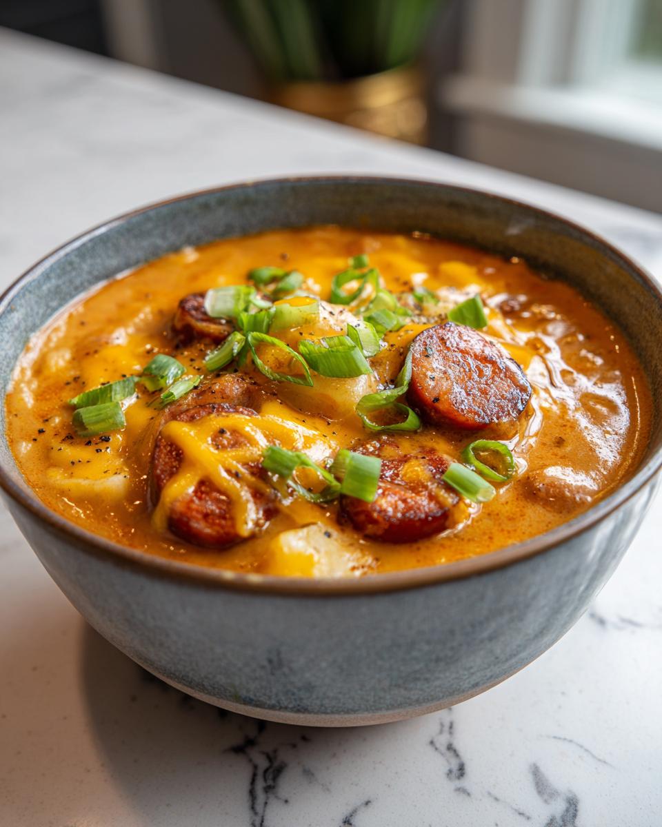 A close-up of a rich, orange-hued Cajun potato soup topped with sliced smoked sausage, melted cheese, and green onions.