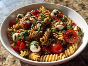 A white bowl filled with vibrant caprese pasta salad featuring fusilli, cherry tomatoes, mozzarella pearls, and basil.