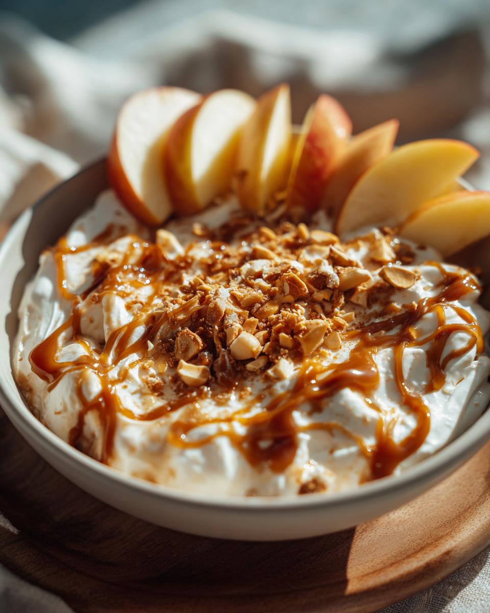 Close-up of creamy apple dip topped with caramel drizzle, chopped nuts, and fresh apple slices.