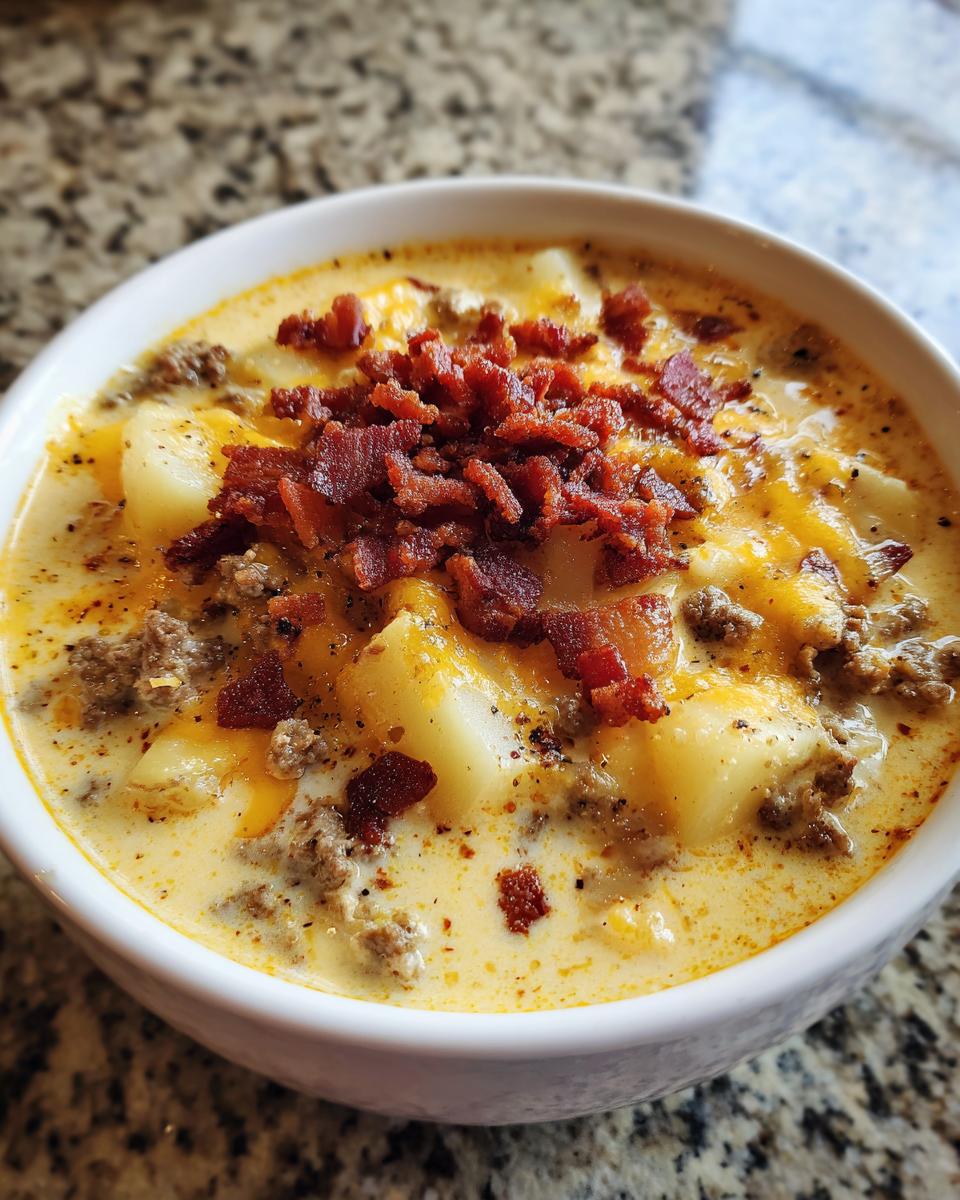 A close-up of a bowl of creamy cheeseburger soup recipe, loaded with potatoes, ground beef, melted cheese, and crispy bacon bits.