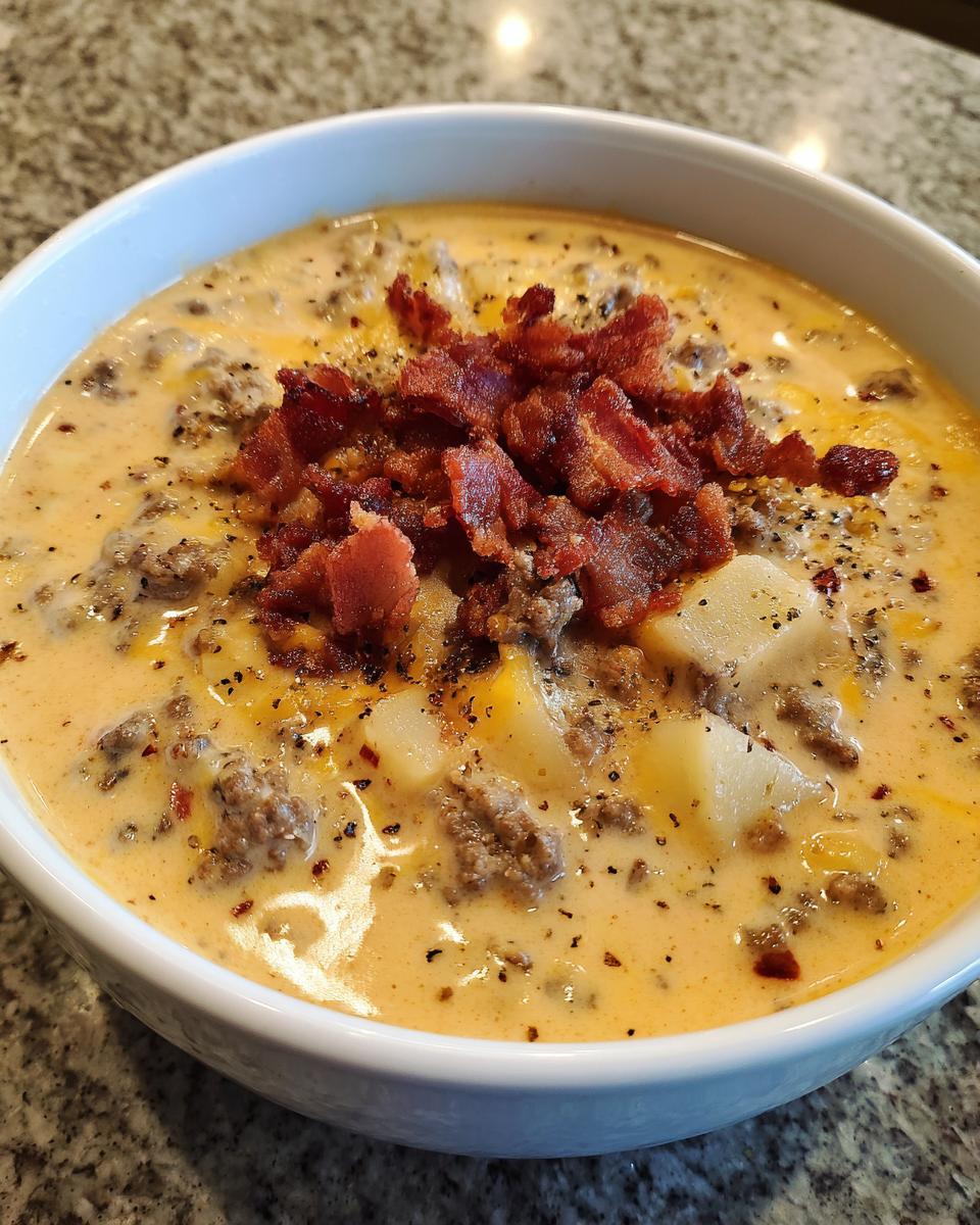 A close-up of a bowl of rich cheeseburger soup recipe, featuring ground beef, potatoes, and topped with crispy bacon bits.