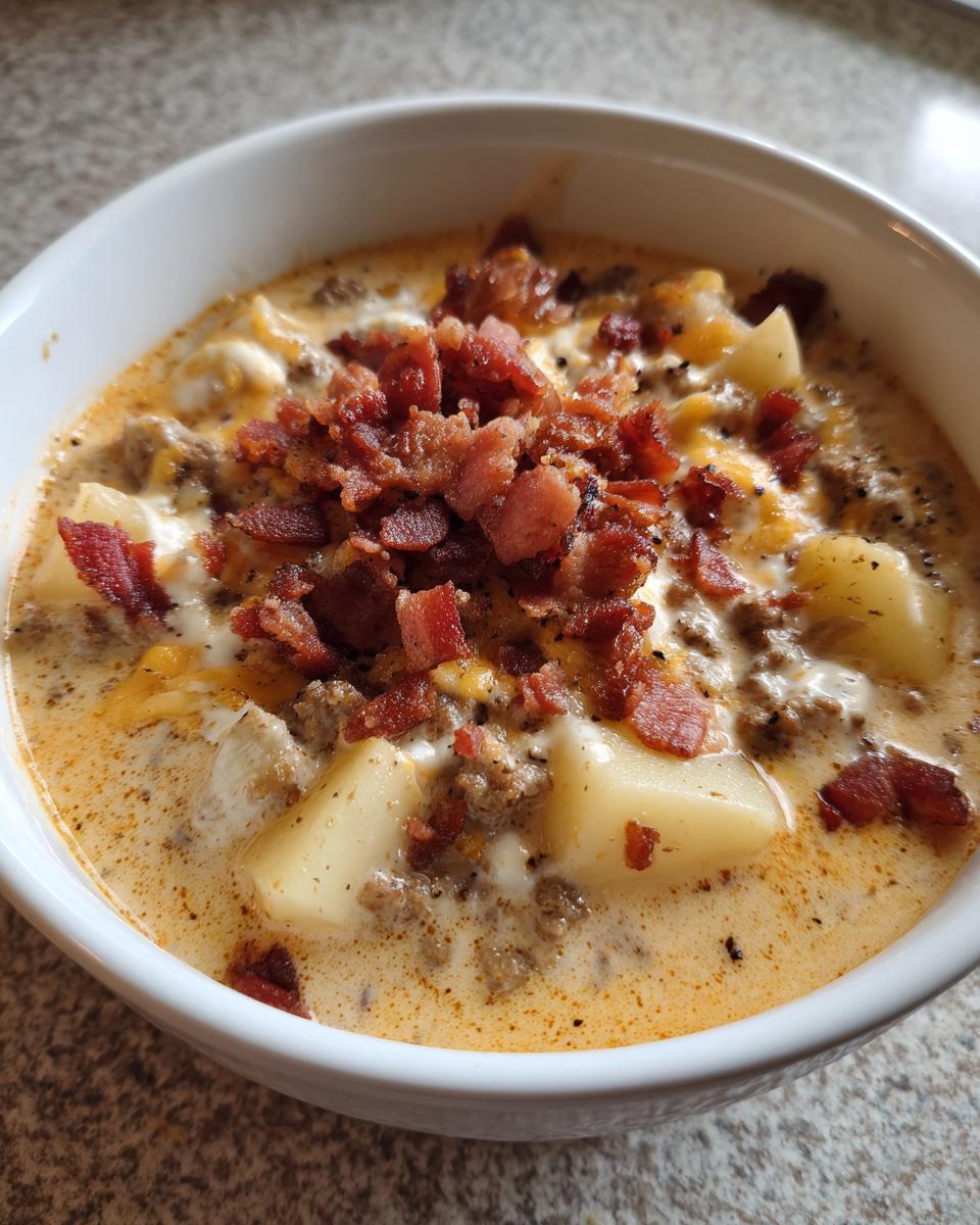 A close-up of a bowl of creamy cheeseburger soup recipe with chunks of potato and ground beef, topped generously with crispy bacon bits.