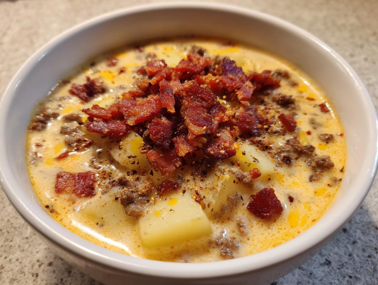 A close-up of a bowl of creamy cheeseburger soup recipe, featuring ground beef, potatoes, and crispy bacon crumbles.