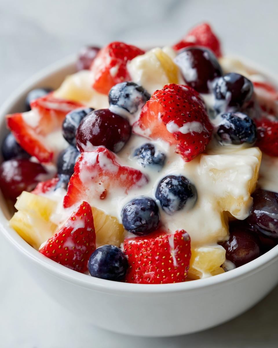Close-up of vibrant cheesecake fruit salad featuring strawberries, blueberries, cherries, and pineapple chunks coated in creamy dressing.