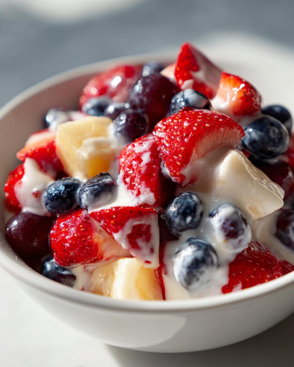 A close-up of a white bowl filled with vibrant cheesecake fruit salad featuring strawberries, blueberries, and creamy dressing.