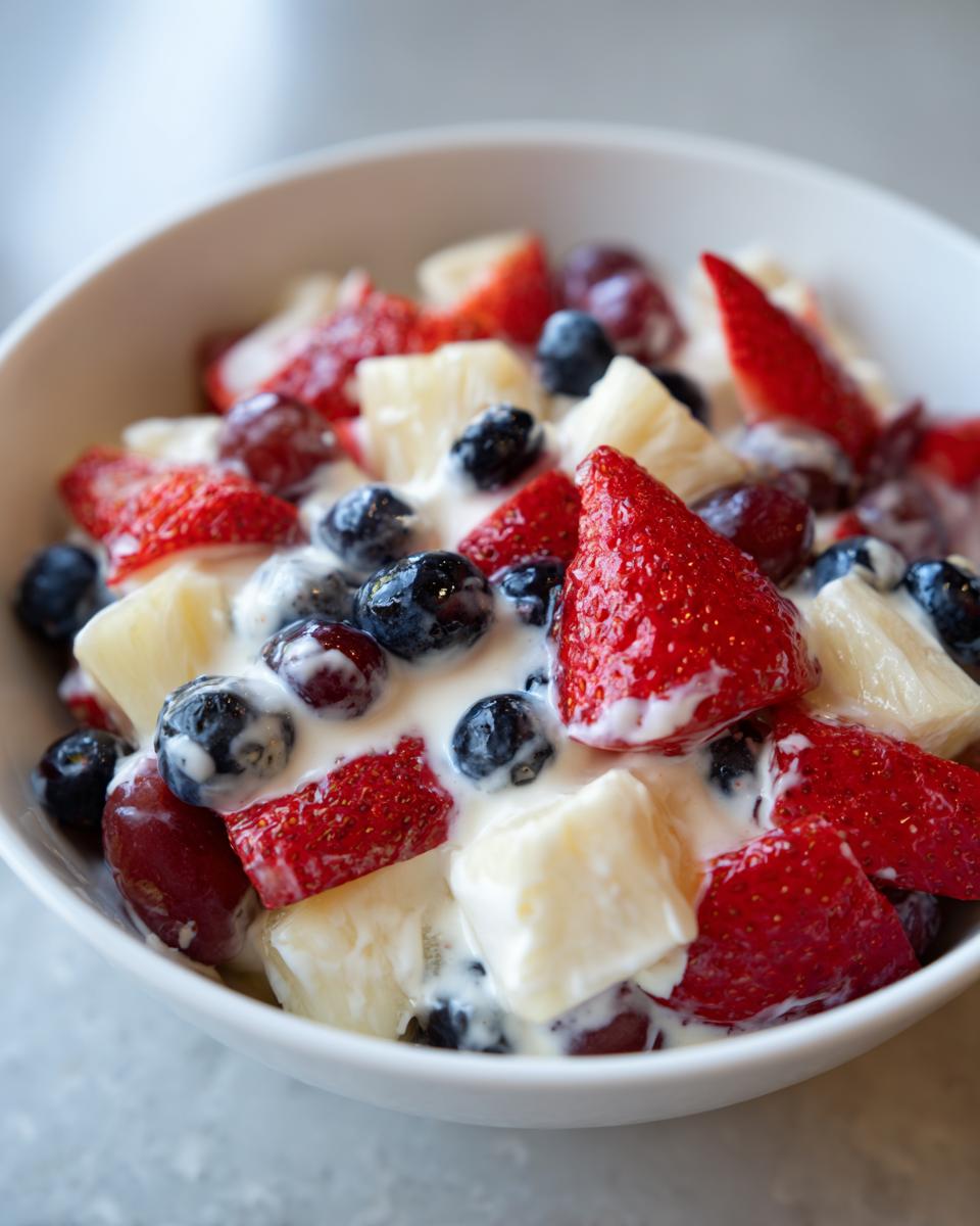 A close-up of a white bowl filled with vibrant cheesecake fruit salad featuring strawberries, blueberries, grapes, and pineapple chunks coated in creamy dressing.
