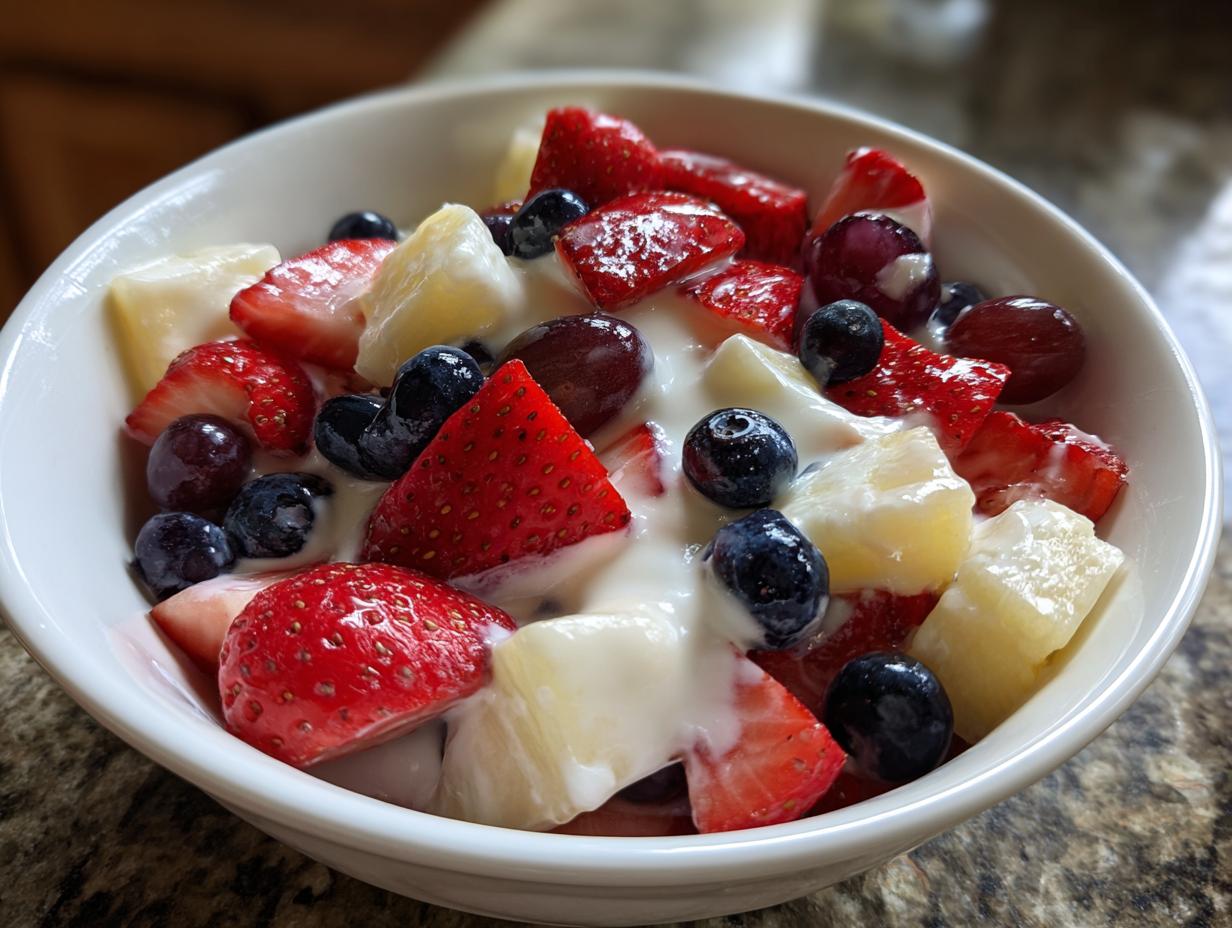 A close-up of a white bowl filled with vibrant cheesecake fruit salad featuring strawberries, blueberries, grapes, and pineapple chunks coated in a creamy dressing.