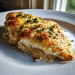 A close-up of a baked caesar chicken breast topped with melted, browned cheese and fresh parsley.