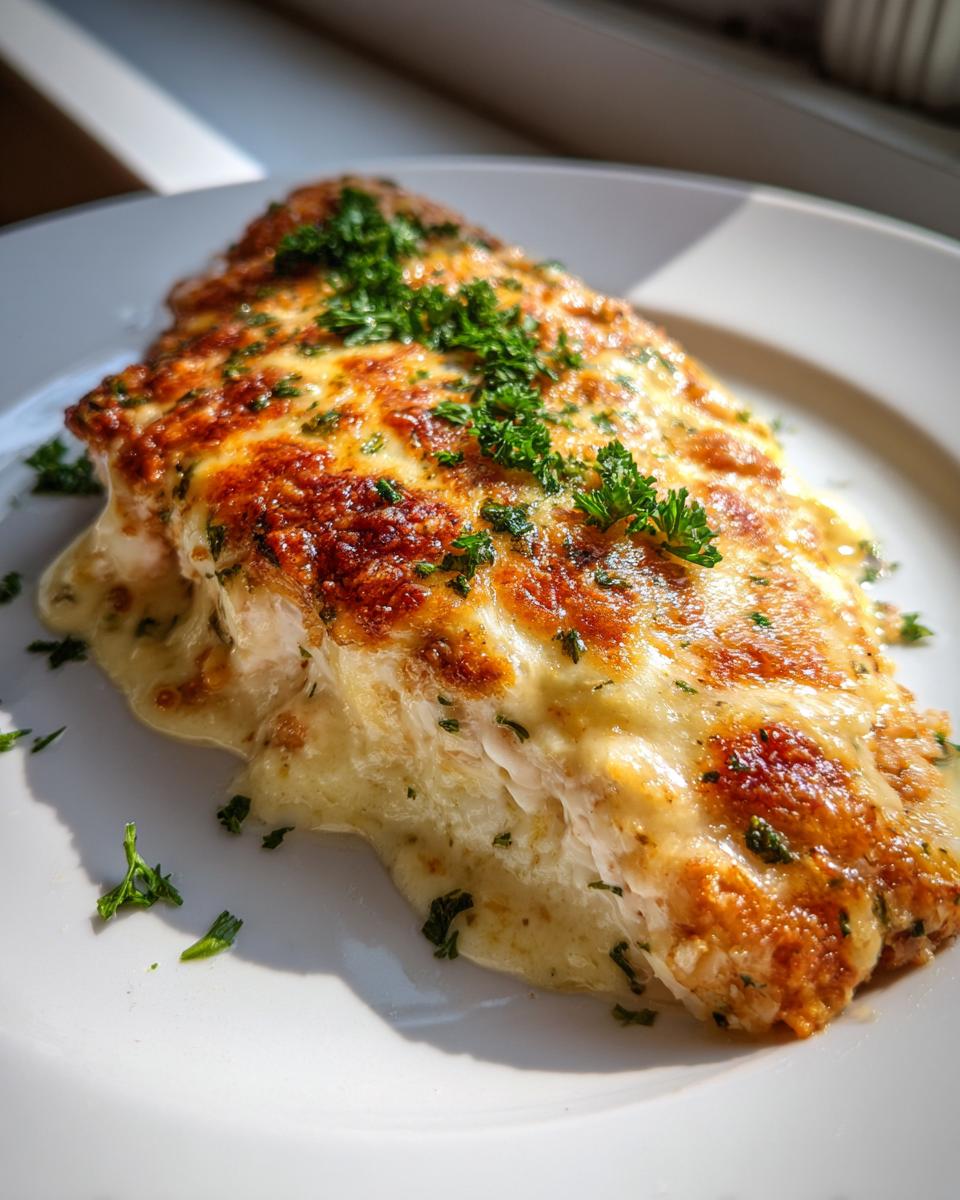 Close-up of a baked caesar chicken breast topped with melted, browned cheese and fresh parsley.