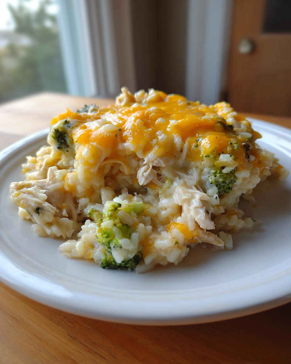 A close-up serving of cheesy chicken and rice casserole mixed with bright green broccoli florets and topped with melted cheddar.