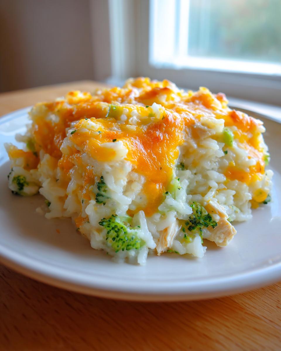 A serving of cheesy chicken and rice mixed with bright green broccoli florets, topped with melted cheddar cheese.