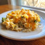 A scoop of cheesy chicken and rice mixed with broccoli florets, topped with melted cheddar cheese.