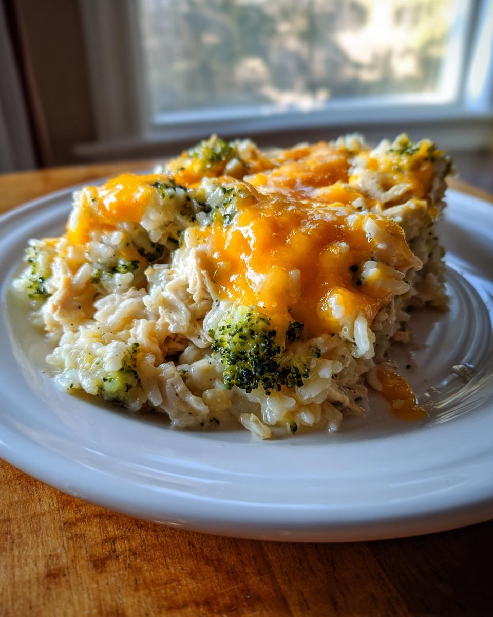 A close-up serving of cheesy chicken and rice mixed with bright green broccoli florets, topped with melted cheddar cheese.