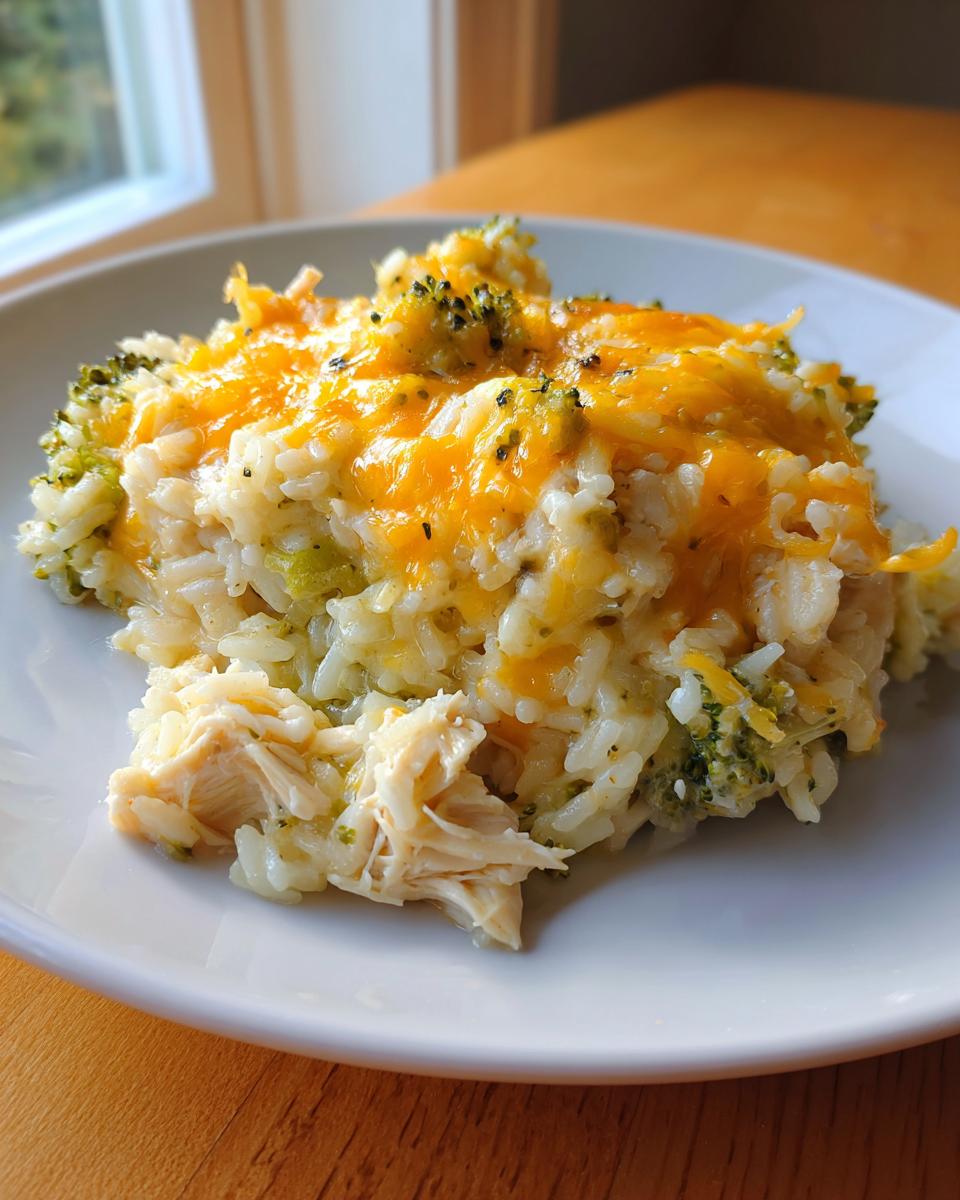 A close-up serving of cheesy chicken and rice mixed with broccoli florets, topped with melted cheddar cheese.