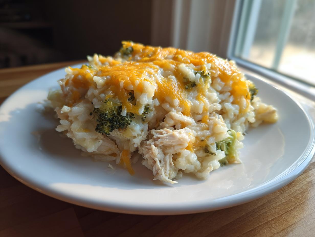 A serving of cheesy chicken and rice mixed with broccoli florets, topped with melted cheddar cheese.