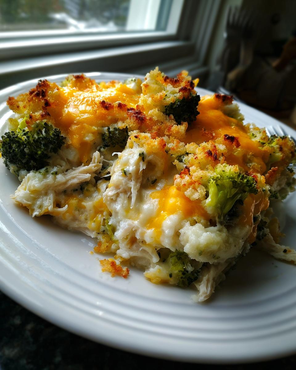 A close-up serving of creamy Chicken Divan casserole featuring shredded chicken, bright green broccoli florets, and a melted cheddar cheese topping.