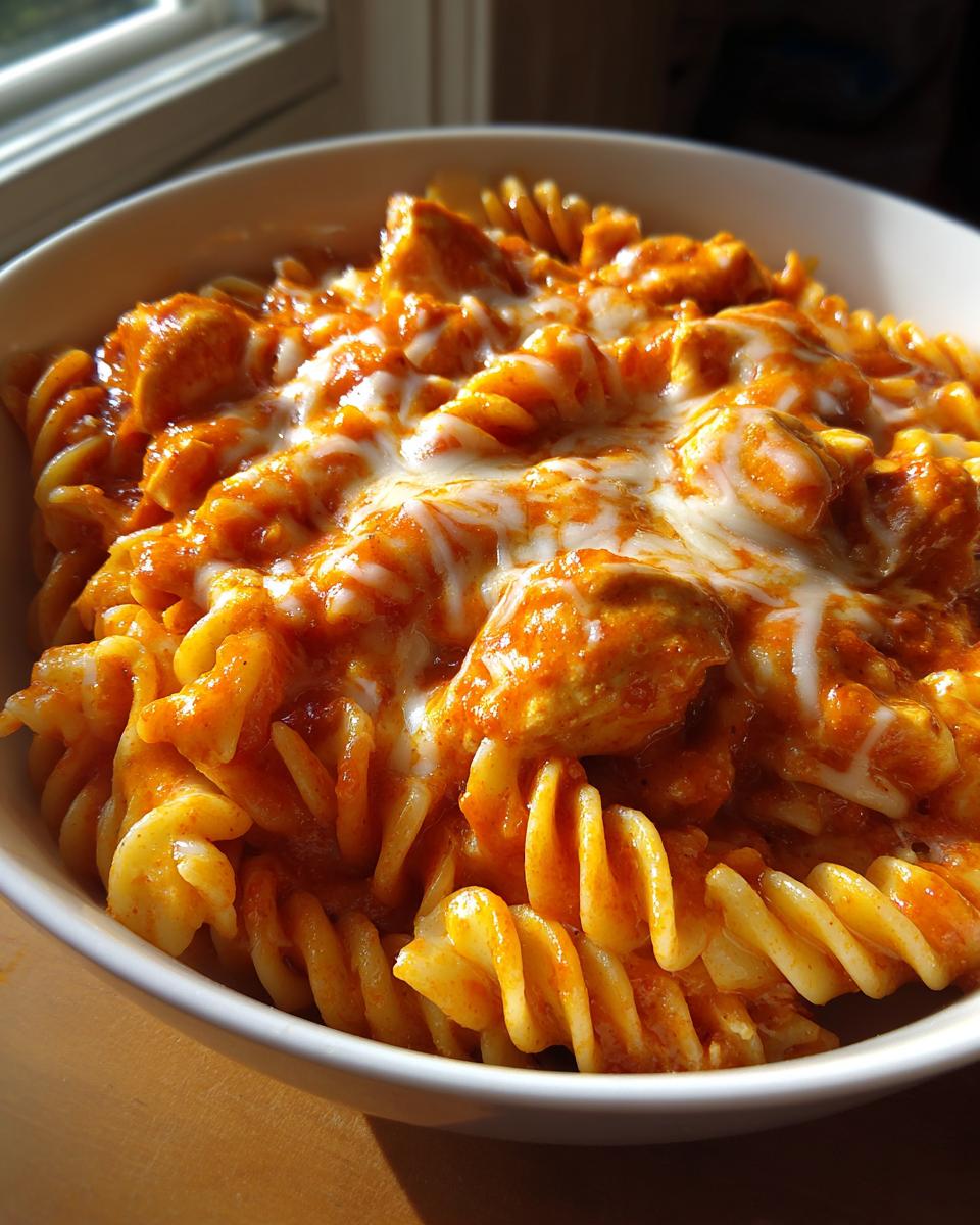 A close-up, sunlit shot of a bowl of creamy, orange-sauced enchilada pasta topped with melted white cheese.