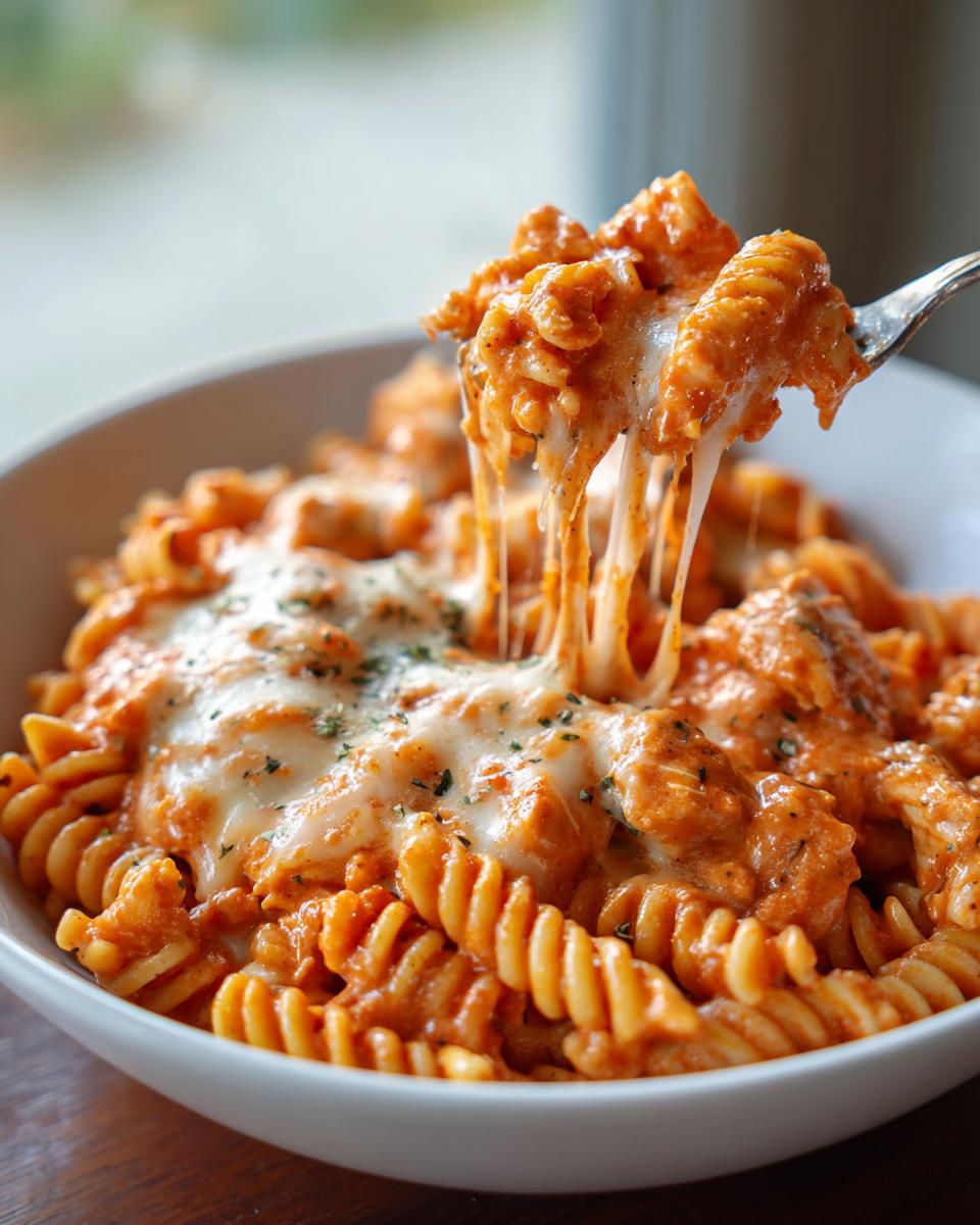 A fork lifts a cheesy, saucy bite of rotini pasta from a bowl of enchilada pasta, showing long cheese pulls.