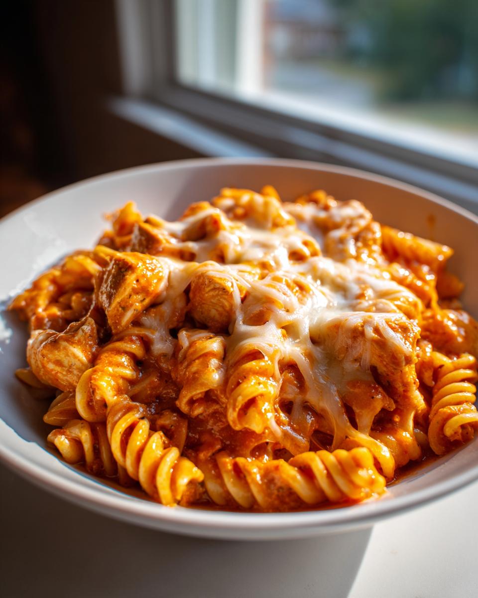A close-up of creamy, cheesy enchilada pasta featuring rotini noodles and chunks of chicken, topped with melted white cheese.