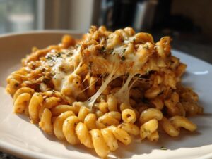 A serving of creamy french onion pasta featuring rotini noodles and a dramatic, gooey cheese pull.