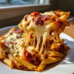 A fork lifts a cheesy portion of pizza pasta bake, showing extreme cheese pull and melted mozzarella topping.