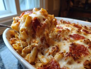 A spoonful of cheesy pizza pasta bake being lifted from a white dish, showing extreme cheese pull and pepperoni slices.