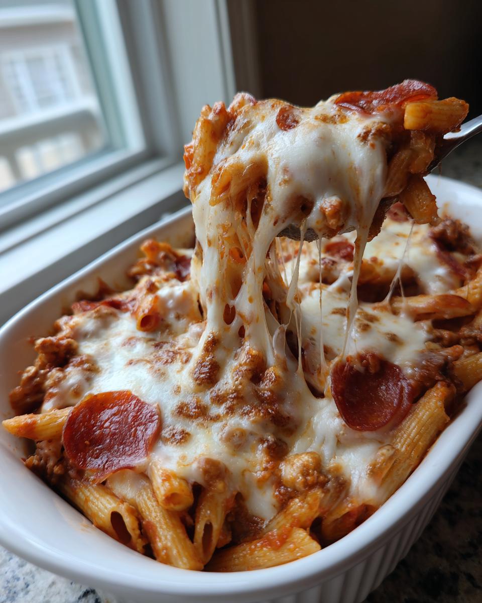 A spoonful of cheesy pizza pasta bake is lifted from a white dish, showing long cheese pulls and pepperoni slices.