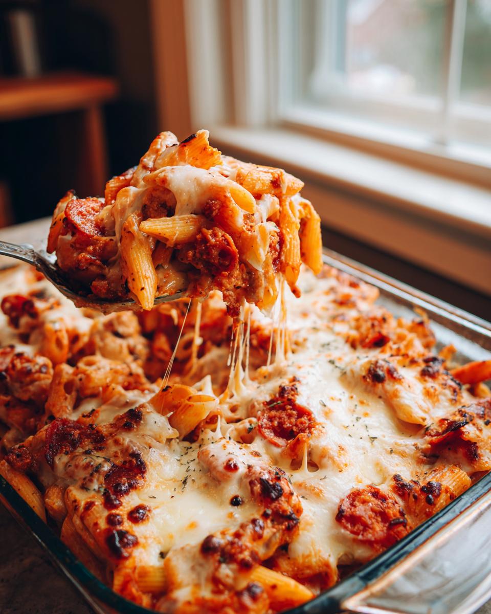 A spoonful of cheesy, baked pizza pasta is lifted from a glass dish, showing long cheese pulls.