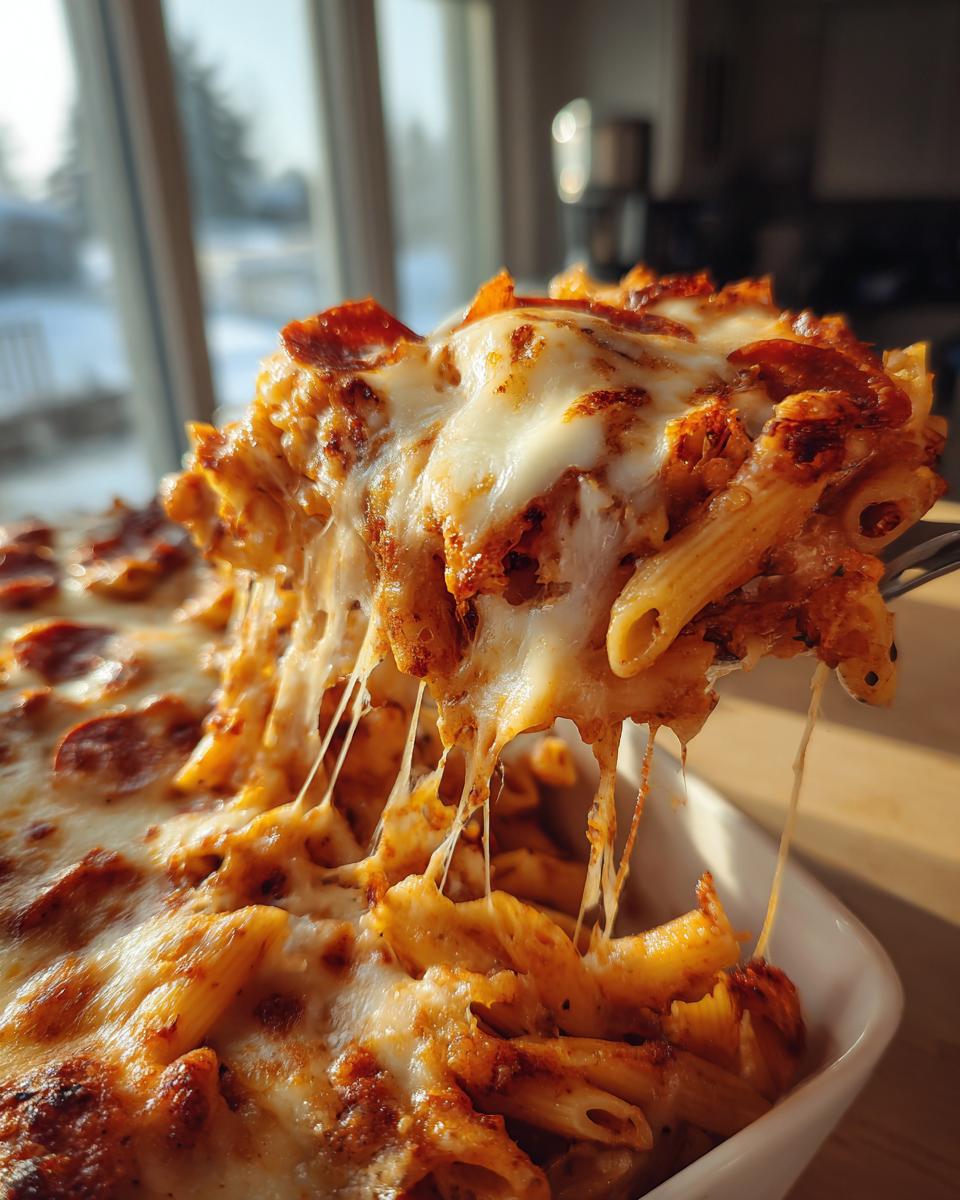 Close-up of a fork lifting a serving of baked pizza pasta, showing dramatic, melted cheese pulls.