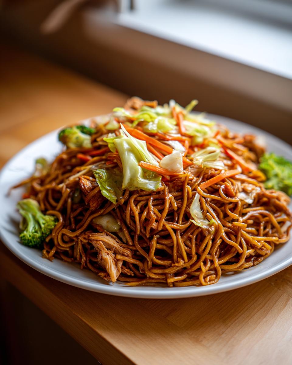 A generous serving of homemade chicken chow mein recipe noodles mixed with shredded carrots, cabbage, and broccoli florets.