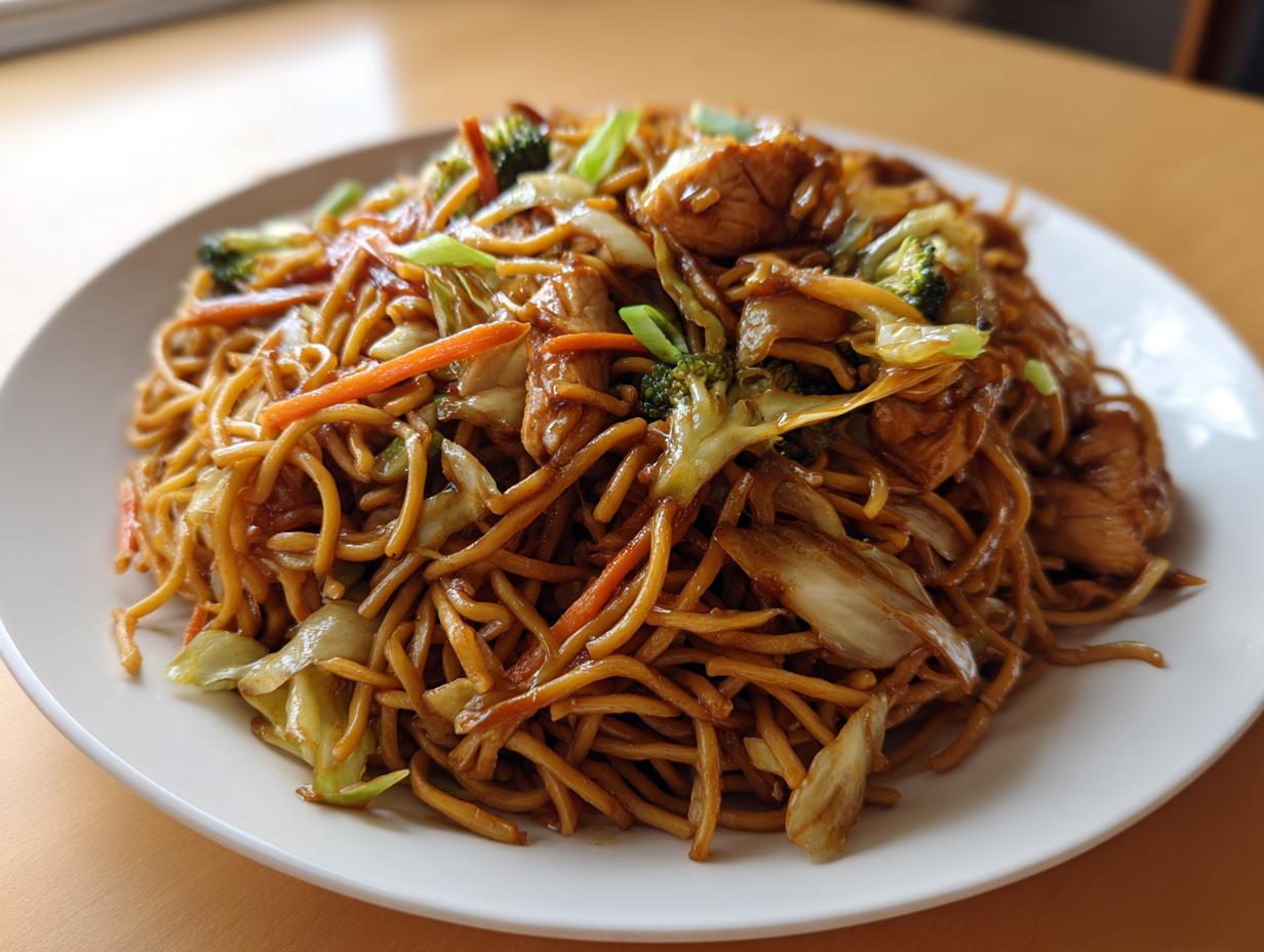 A close-up of a generous serving of chicken chow mein recipe with noodles, chicken pieces, broccoli, and carrots on a white plate.