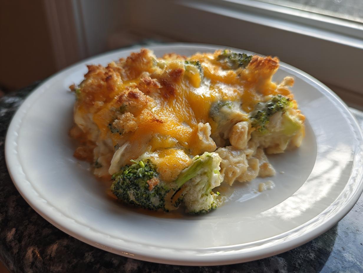A close-up serving of creamy Chicken Divan topped with melted cheddar cheese and crispy breadcrumbs, featuring bright green broccoli florets.