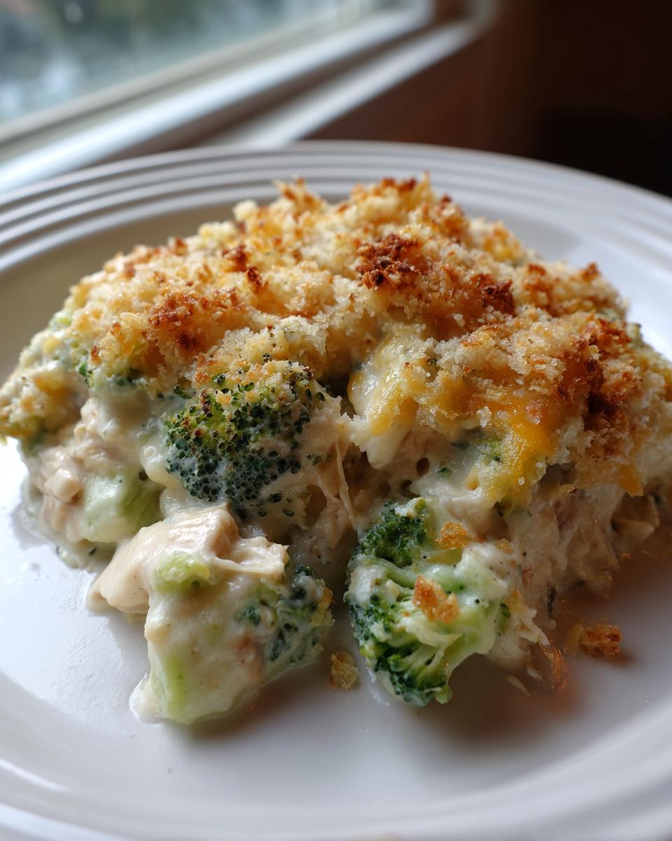 A close-up serving of Chicken Divan featuring broccoli florets, creamy sauce, and a golden, crispy breadcrumb topping.